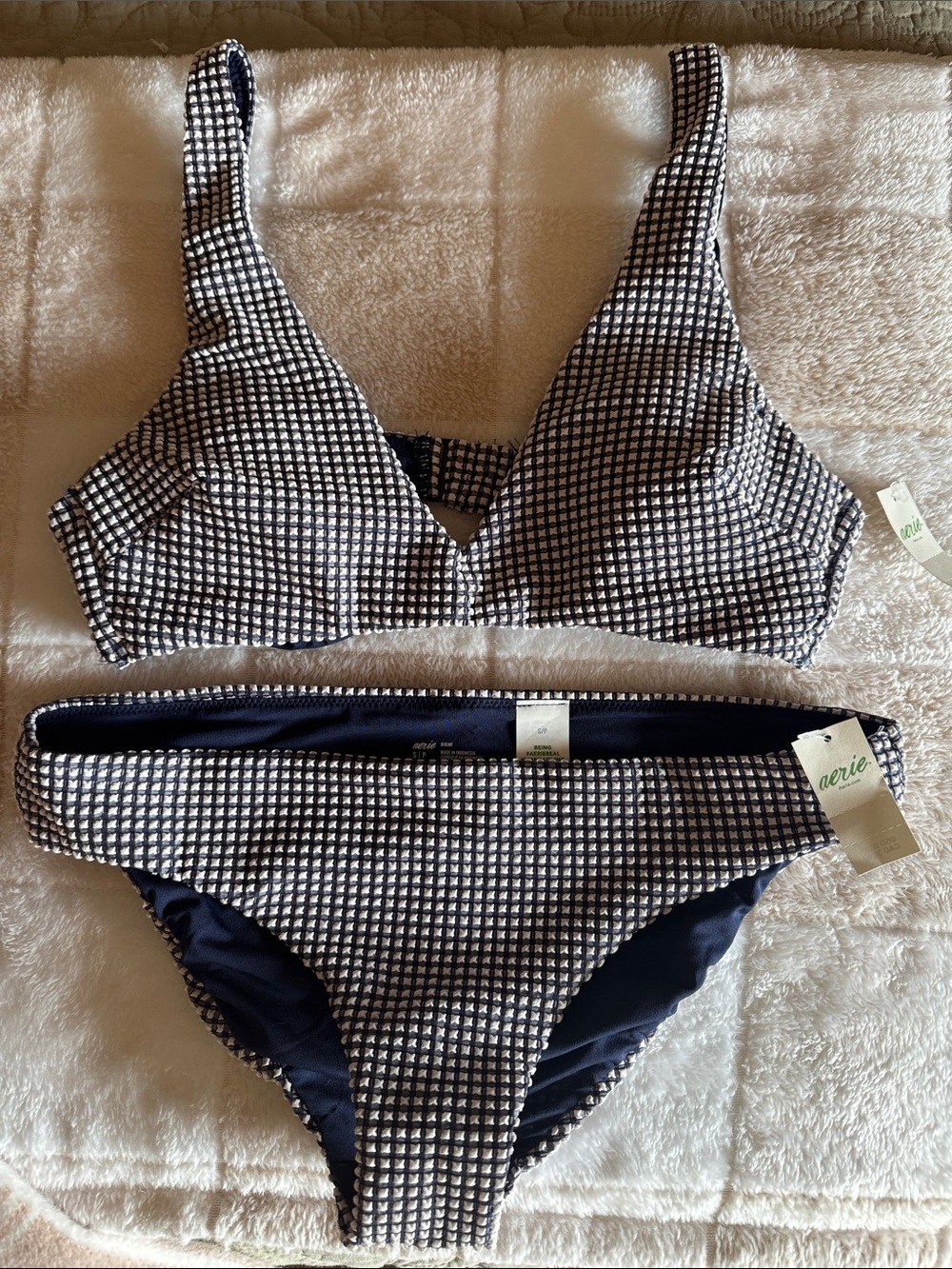 aerie Navy and White Textured Gingham Bikini Set